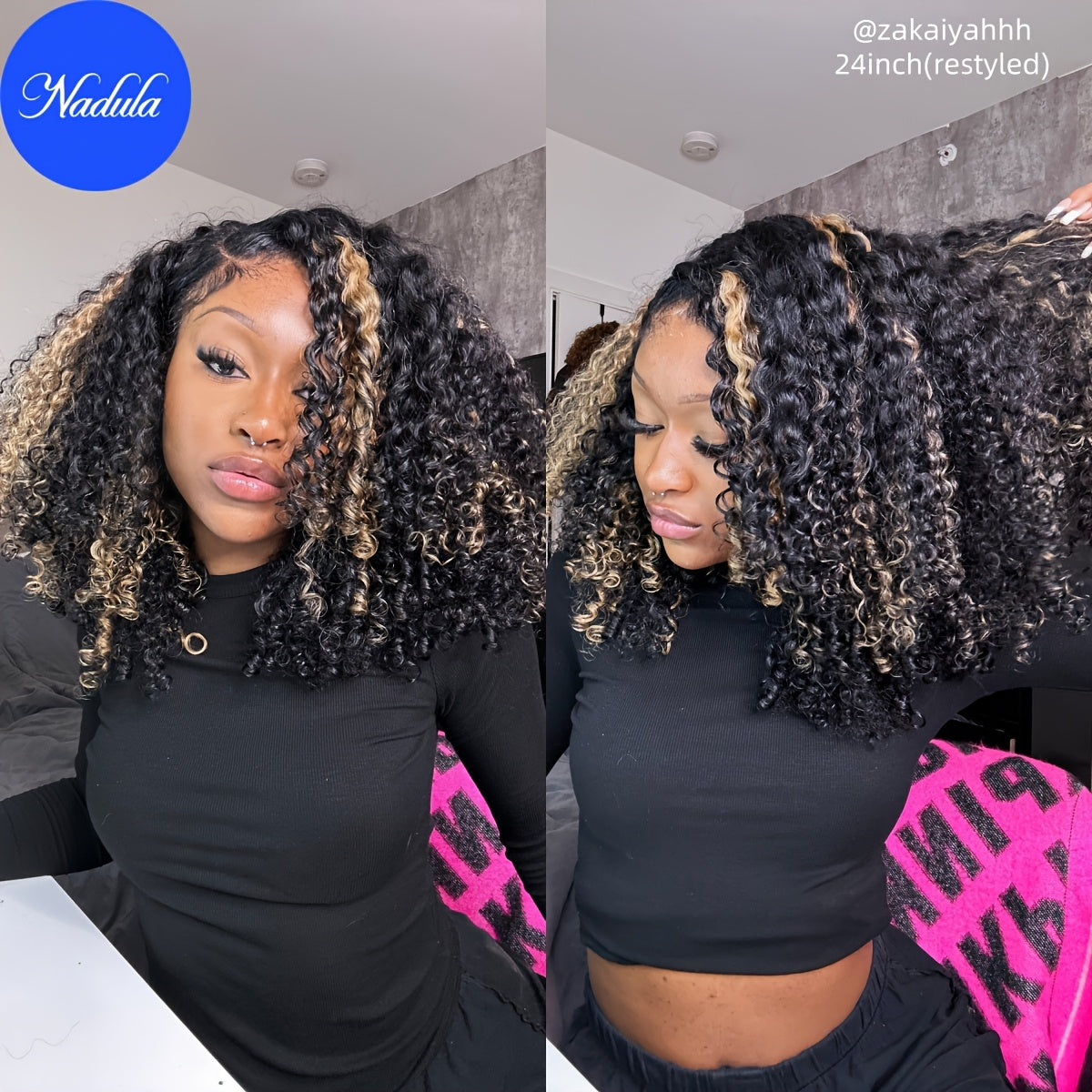 Nadula Glueless Lace Front Wig 7x5 Lace Invisible Knots Human Hair Black And Blonde Highlights 4C Curly Put On And Go Pre Cut Lace Closure Wig 200% Density with Babyhair